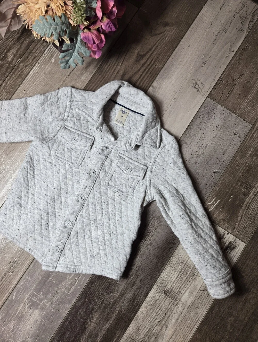 OshKosh B'gosh Boys Quilted Light Gray Button-Up Shacket Shirt Jacket Size 3T